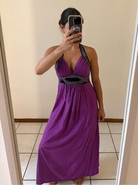 Women's Purple Halter Maxi Dress with Embellished Waist